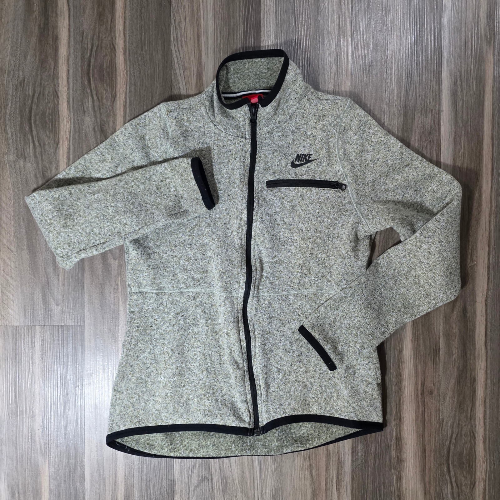 Nike Womens Full Zip Fleece Jacket Oatmeal Heather Black Trim Mock Neck Size M
